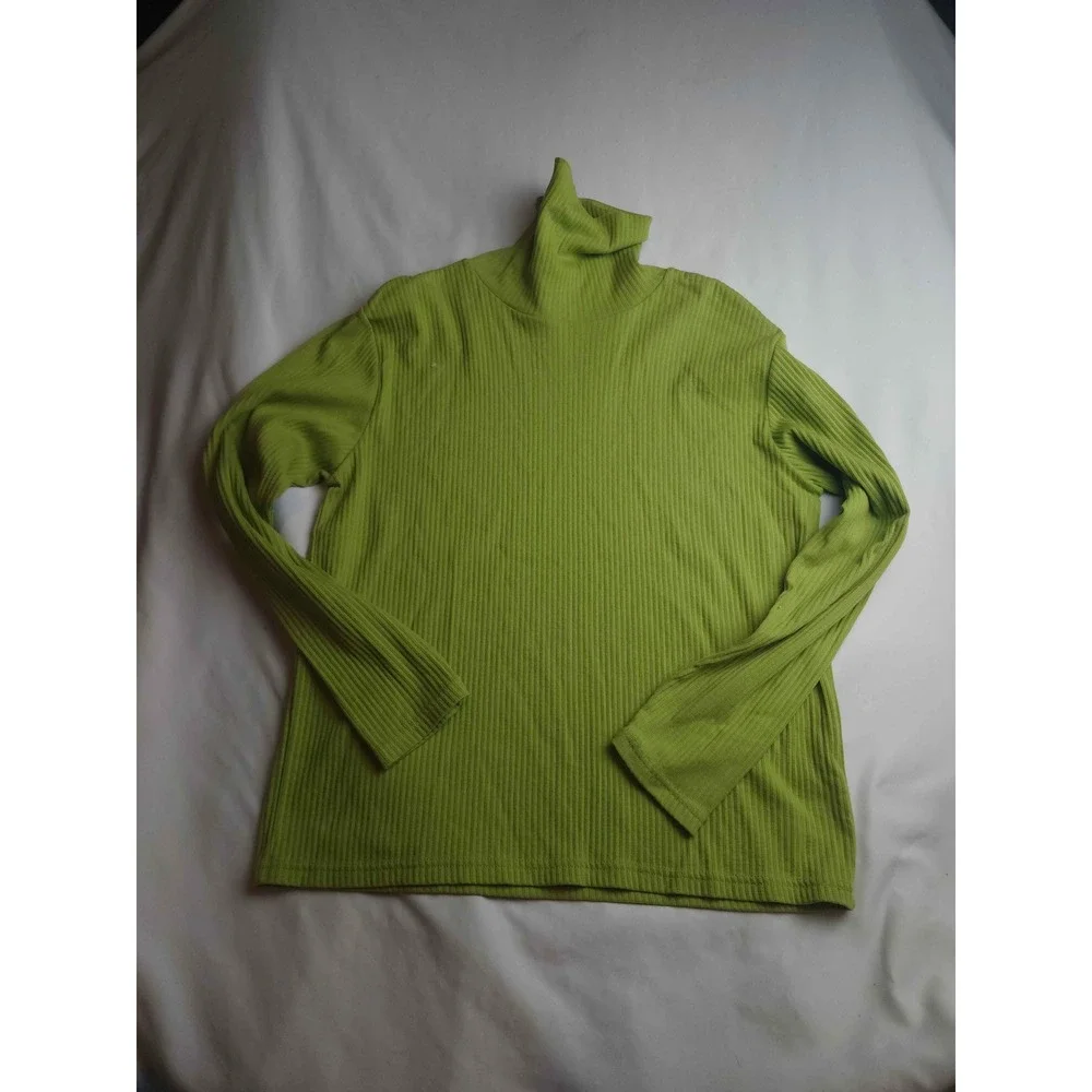 White Stag Lime Green Ribbed Turtleneck Long Sleeve Top Large Rib Knit Womens